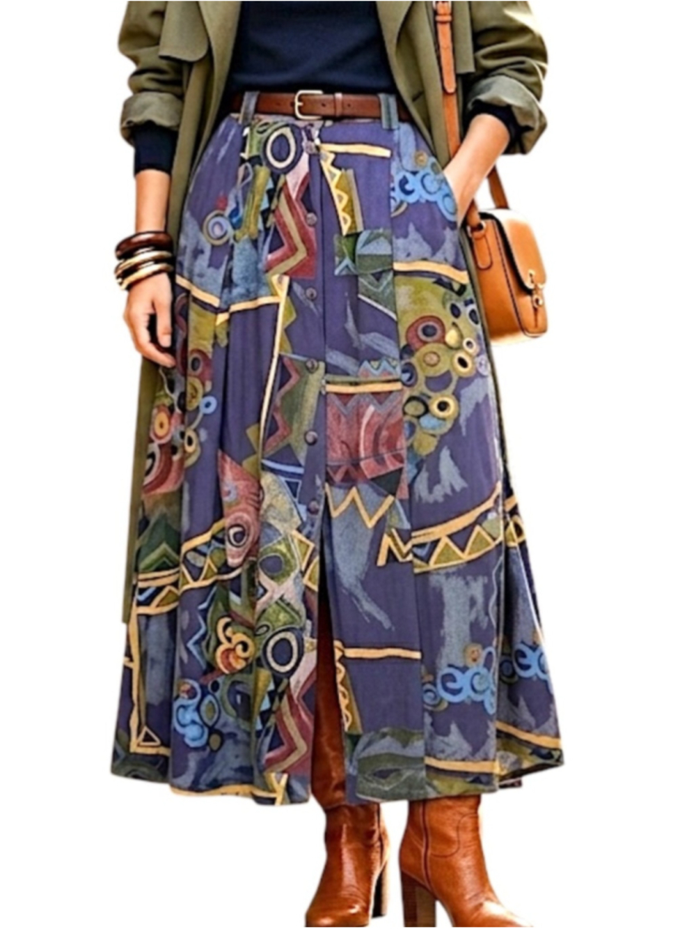 Vintage 80s 90s purple blue geometric print button front pleated maxi skirt